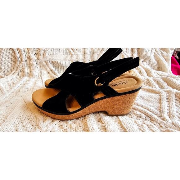 CLARKS Giselle Slingback Black Suede Wedge Sandals Women's 11M Adjustable Summer - Picture 3 of 6